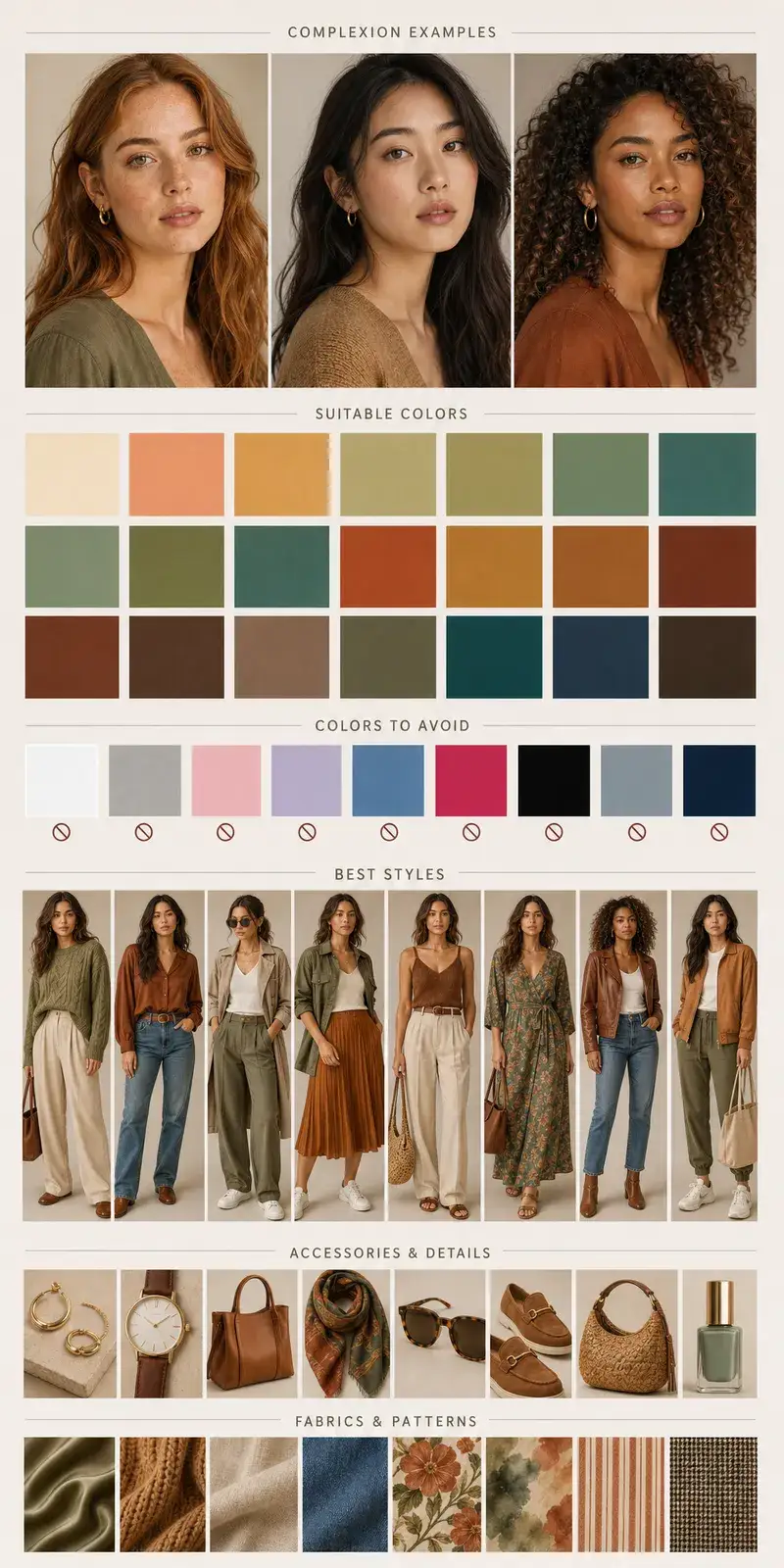 Create a vertical Pinterest-style fashion and beauty moodboard for the seasonal color type: Warm / True Autumn
Aspect…