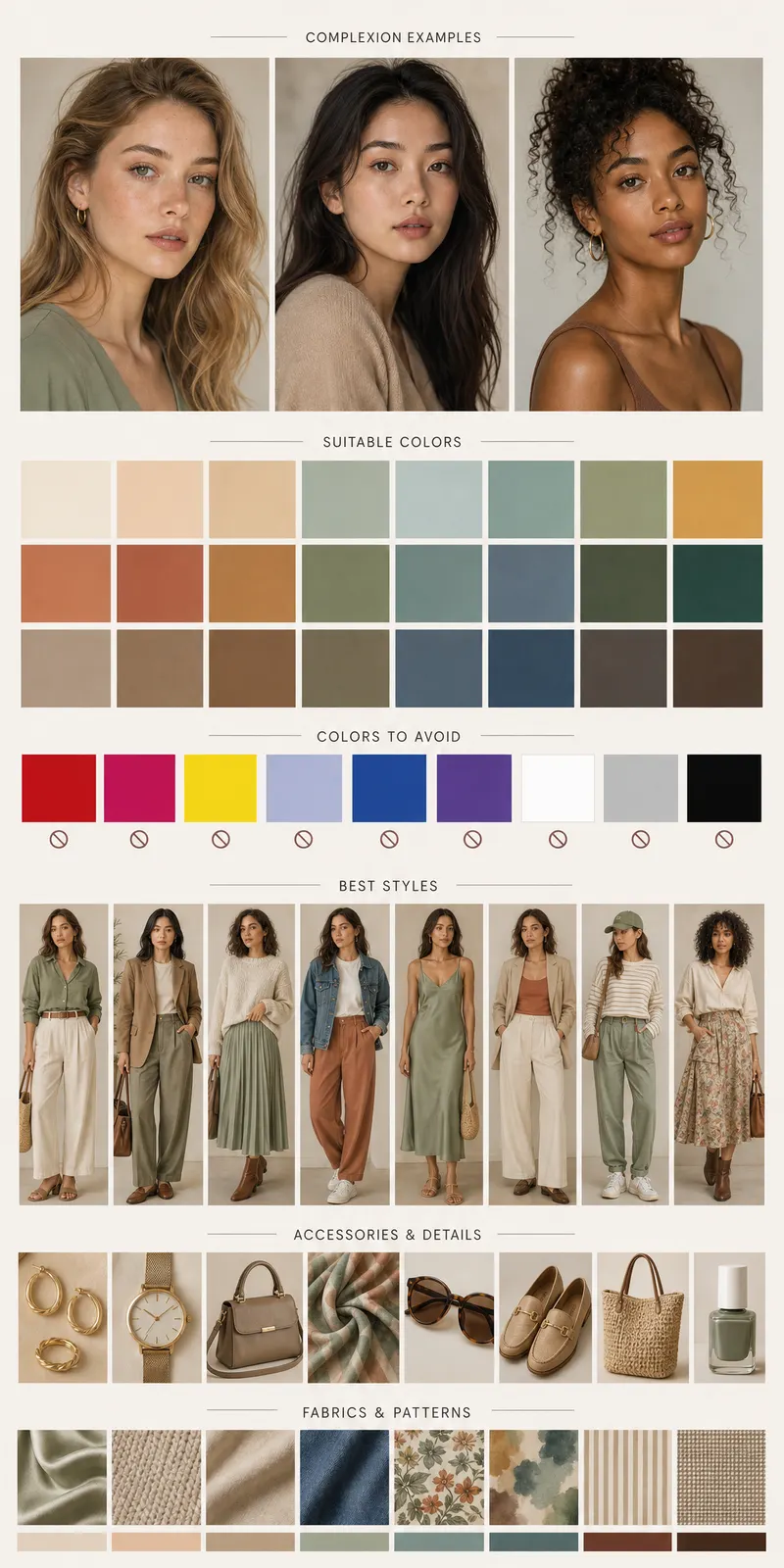 Create a vertical Pinterest-style fashion and beauty moodboard for the seasonal color type: Soft Autumn
Aspect ratio:…
