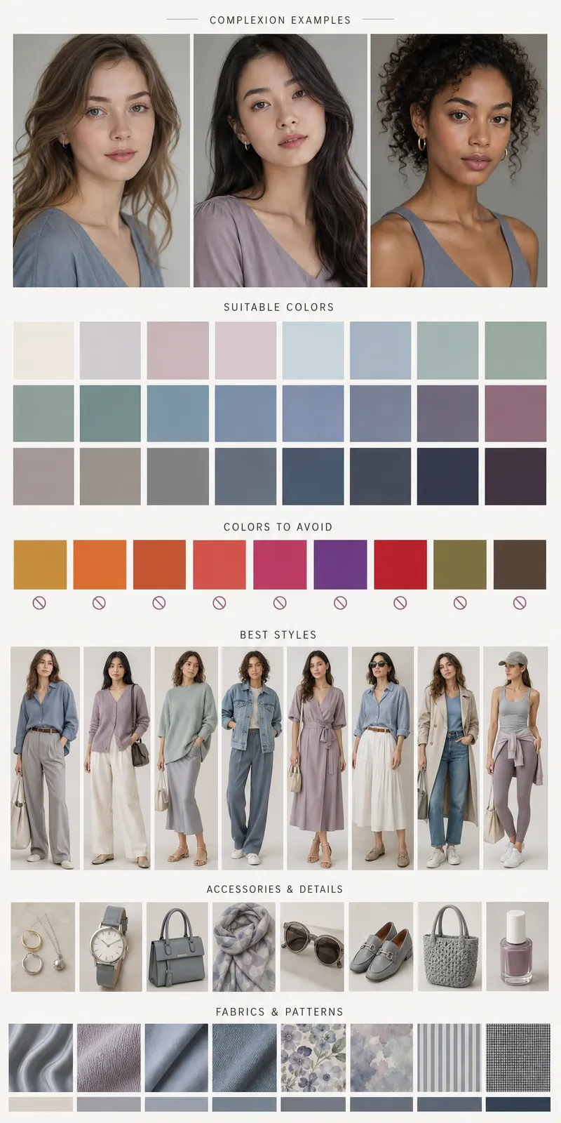 Create a vertical Pinterest-style fashion and beauty moodboard for the seasonal color type: Soft Summer
Aspect ratio:…