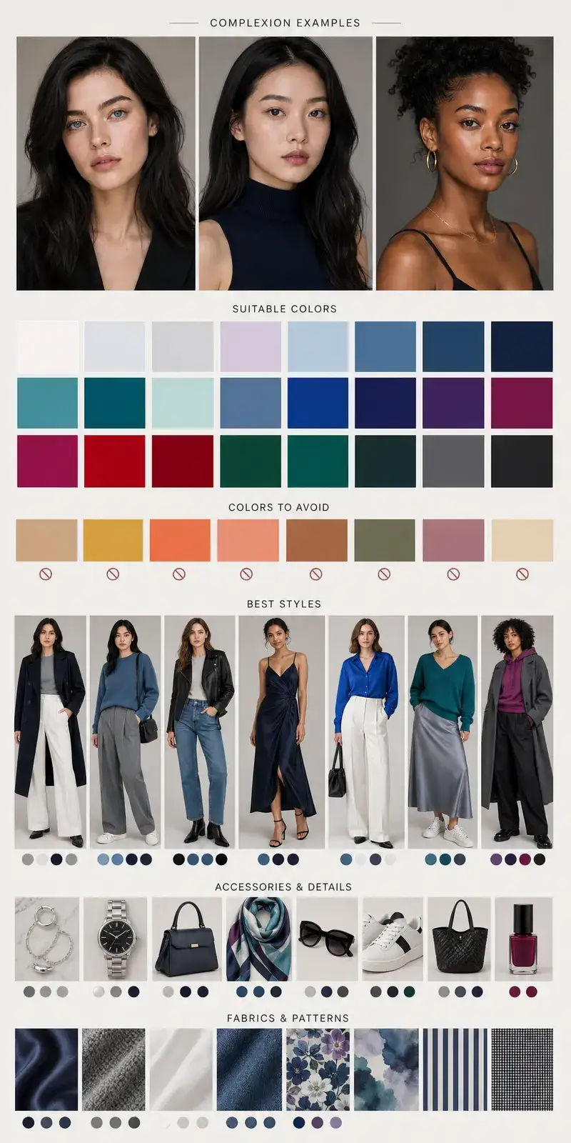 Create a vertical Pinterest-style fashion and beauty moodboard for the seasonal color type: Cool / True Winter
Aspect…